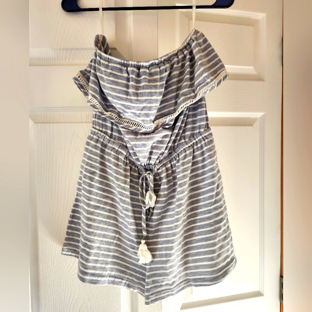 Lulus shorts strapless romper, blue and white stripe, belted detail.